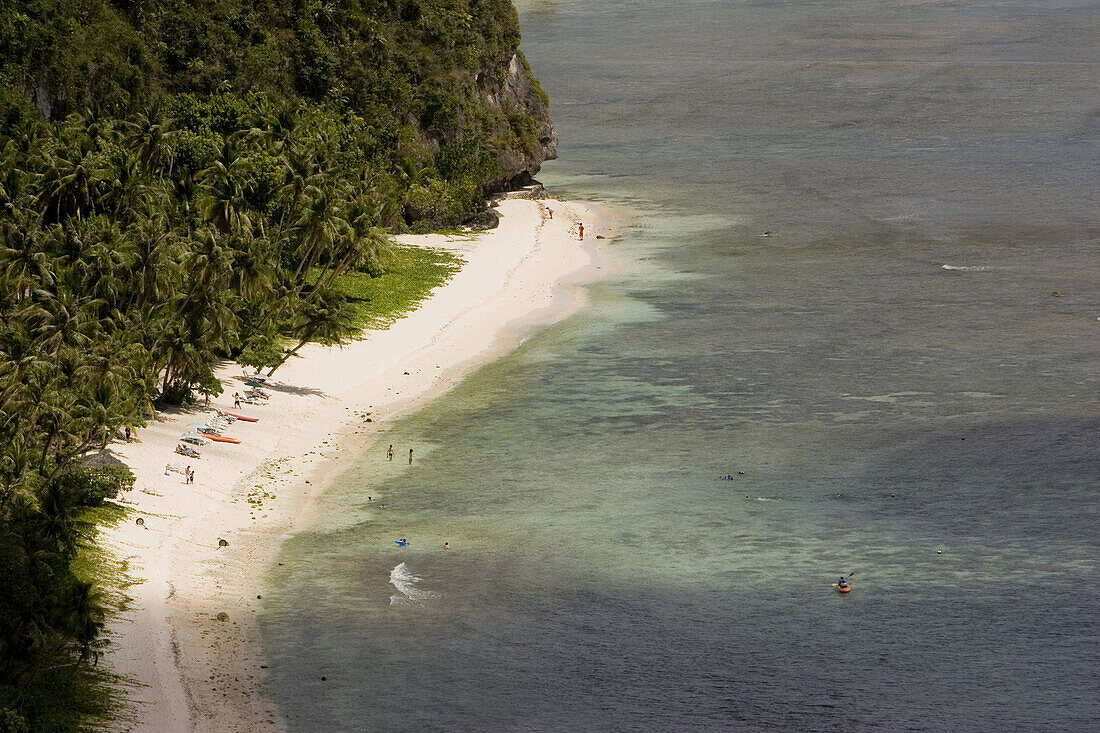 Sunlit sandy beach with palm trees, Gun Beach, Guam, Micronesie, Oceania