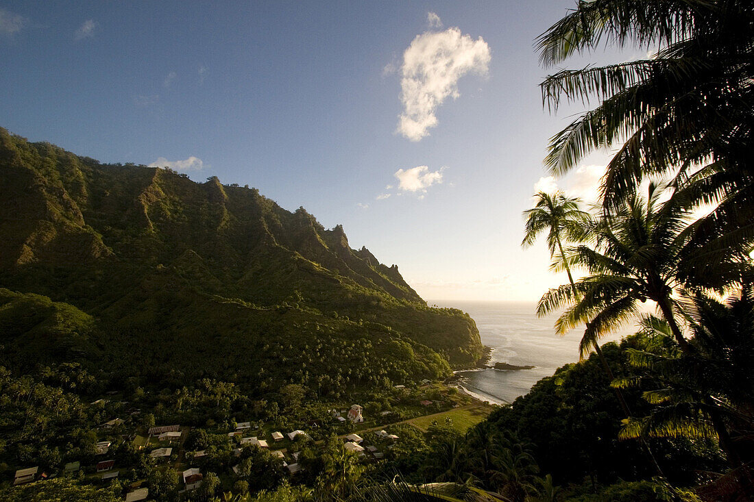 View into the valley of Omo’a at sunset, Fatu Hiva, Marquesas, Polynesia, Oceania