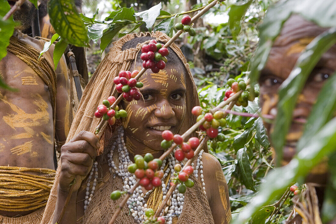 Girl working on coffee plantation, Langila, Highlands, Papua New Guinea, Oceania