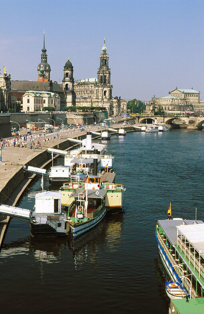 View of Dresden, Elbe River, Hofkirche Cathedral and Semper Opera. Saxony. Germany