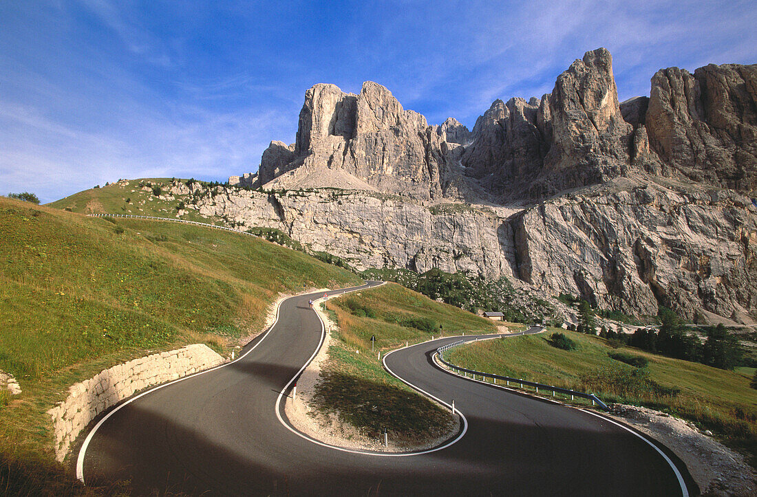 Grodner Pass mountain road. Trentino. Alto Adige (South Tyrol). Dolomites. Italy.