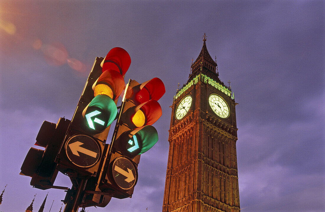 Big Ben tower and traffic lights. London. England. UK.