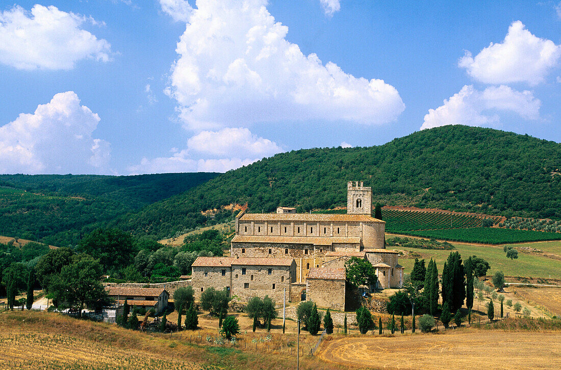 Romanic Abbey. Sant Antimo, near Montalcino. Tuscany. Italy