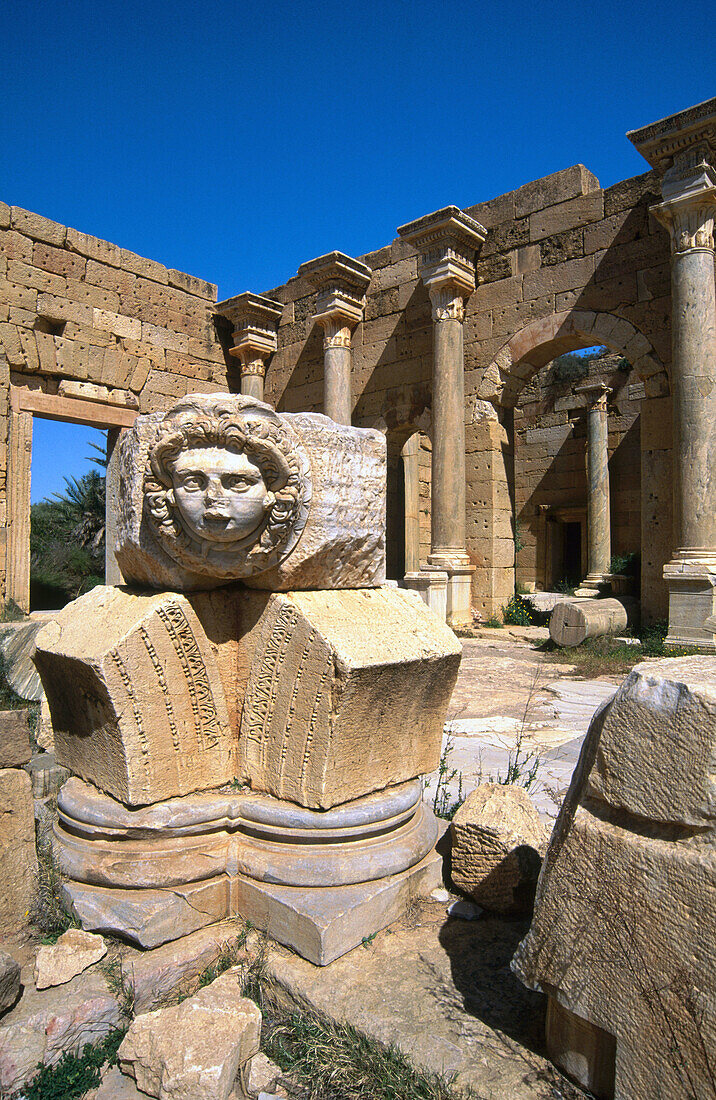Gorgon s head in Severan new forum, ruins of Roman major city. Leptis Magna. Libya
