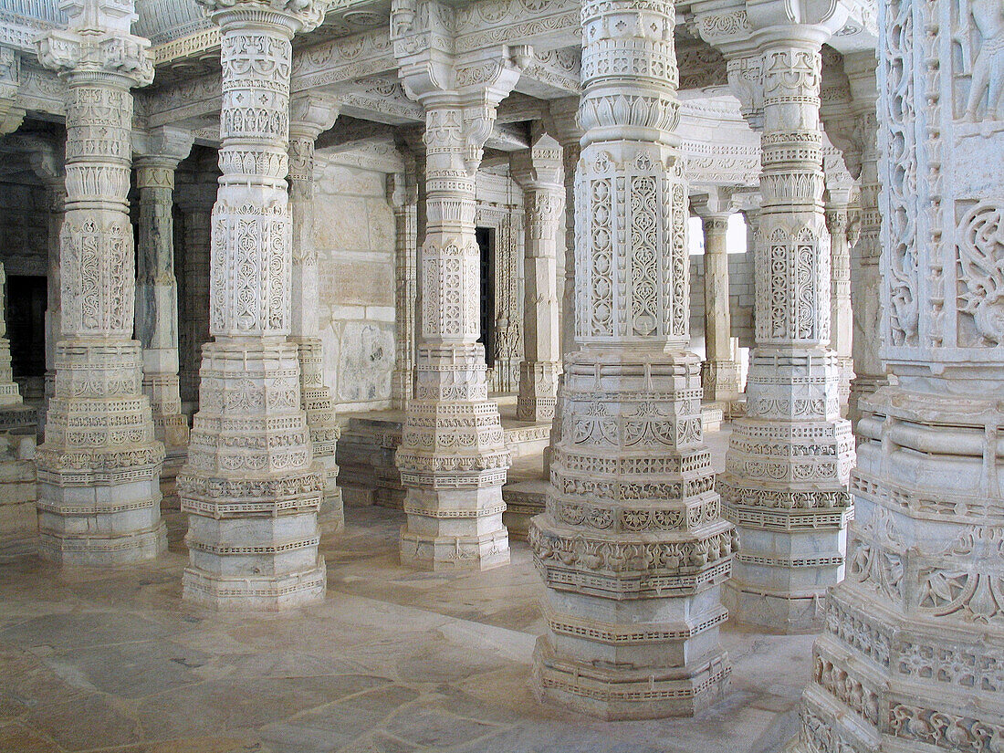 Columns in Adinath temple built 15th century. Ranakpur. Rajasthan. India