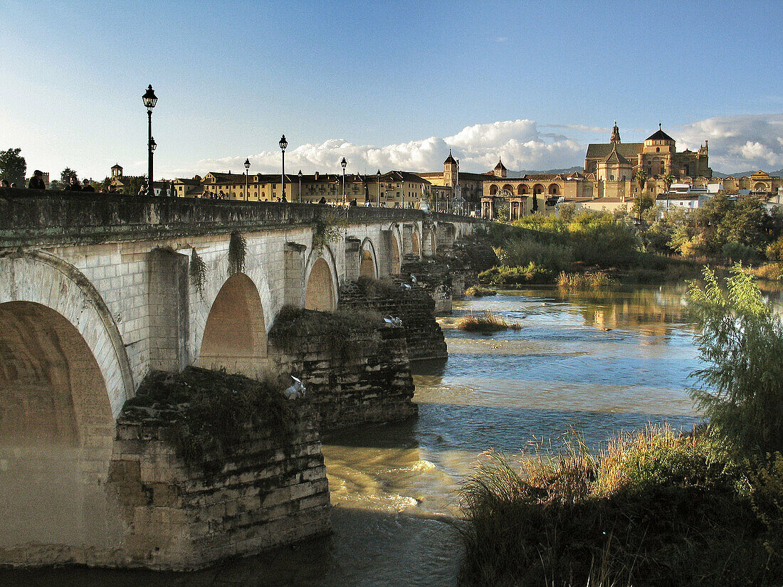 Roman bridge over Guadalquivir river with Great Mosque in background. Cordoba. Andalusia, Spain