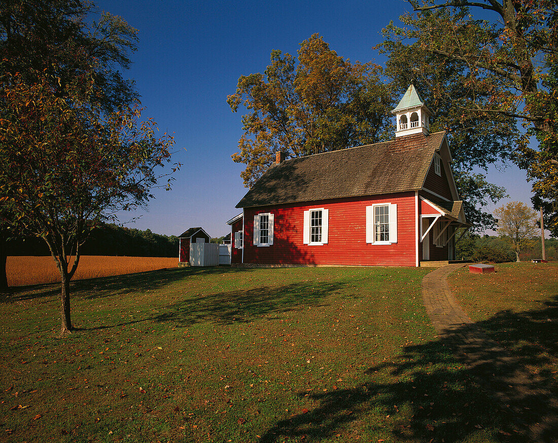 Little red schoolhouse in autumn. Talbot County. Maryland. USA