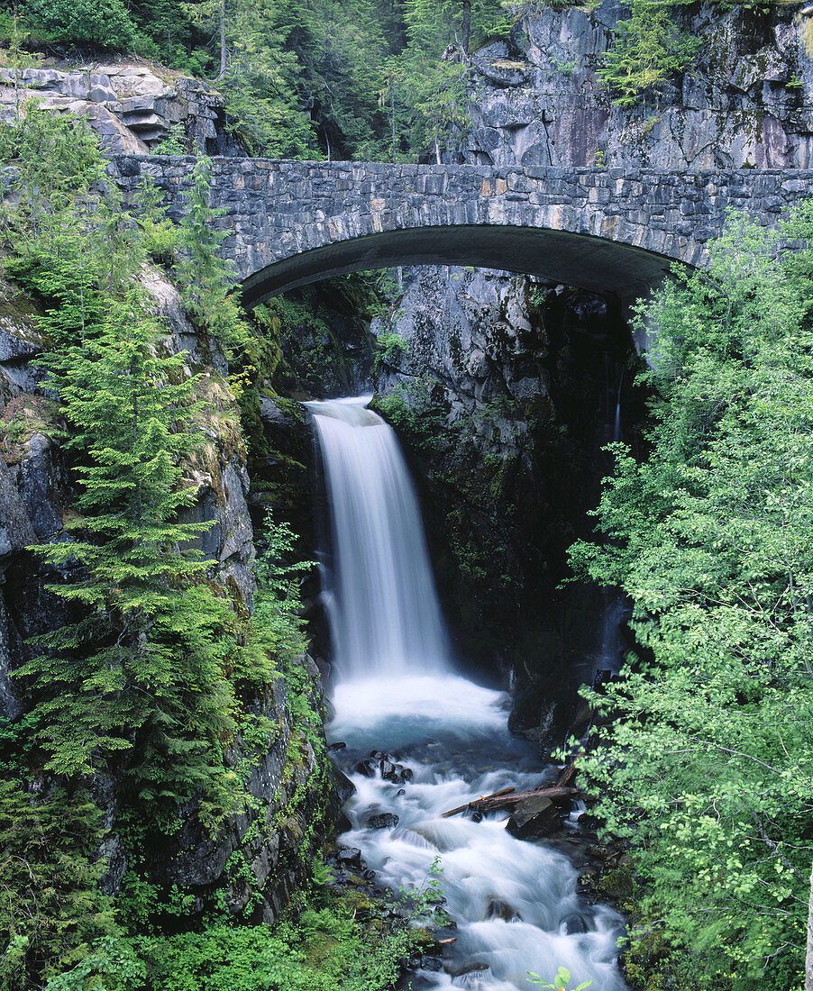 Stone bridge over Christine Falls. Mount Rainier National Park. Washington. USA