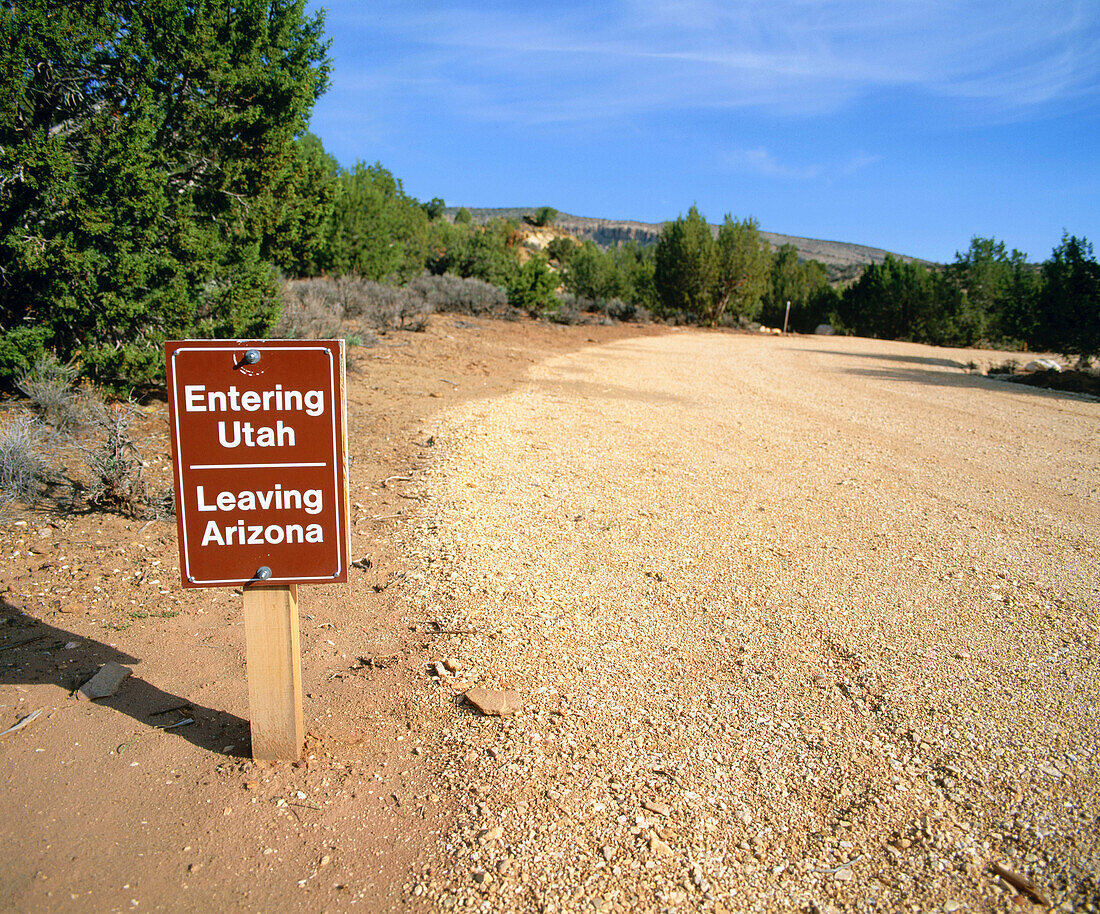 Sign at border between Arizona and Utah in Coconino County. (Arizona side of the border). USA
