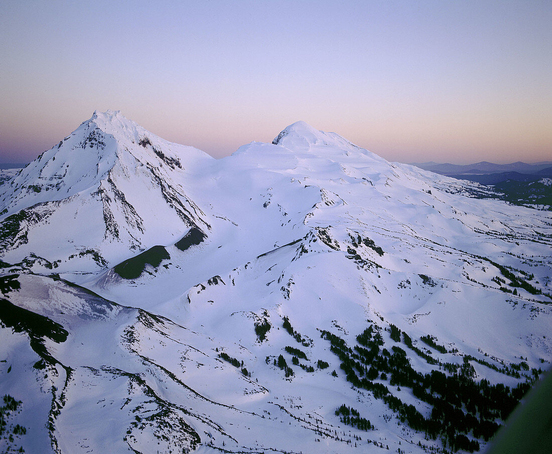 Winter aerial view of North and Middle Sister. The Three Sisters. Cascade Range. Oregon, USA