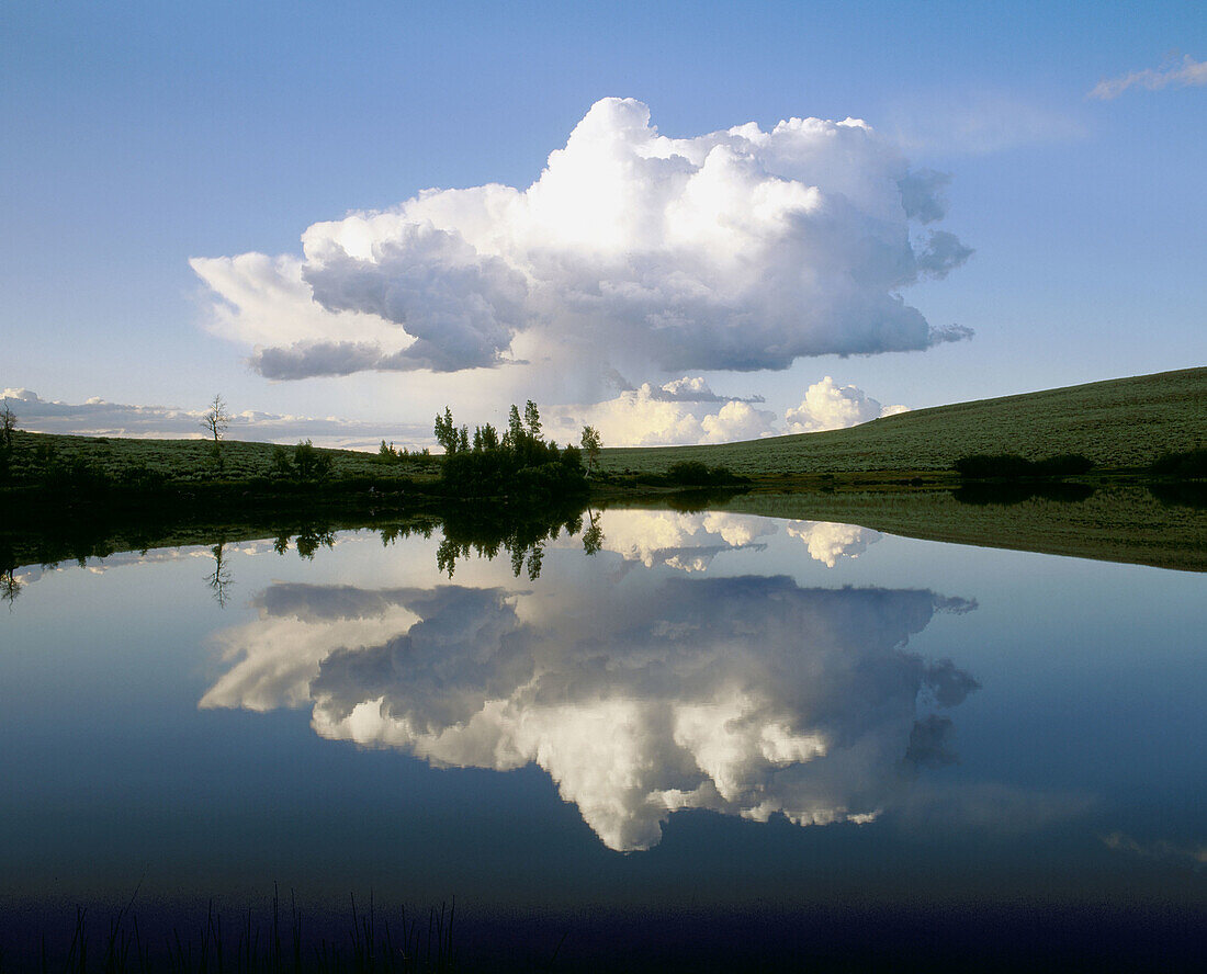 Cumulus cloud reflection in Pate Lake. Steens Mountain Protection Area. Eastern Oregon. USA