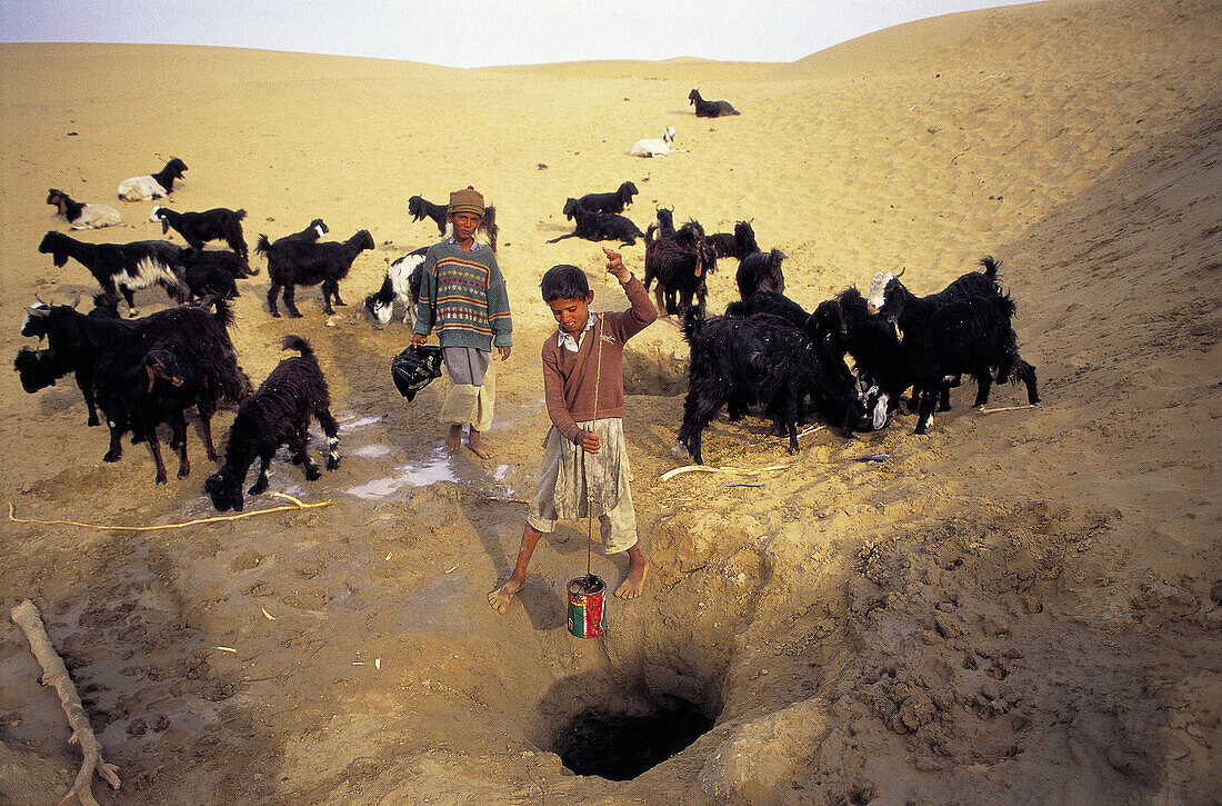 Shepherd children extracting water from a well in Thar Desert. Rajasthan. India