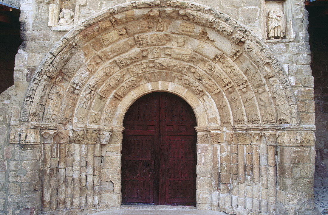 Romanesque door (12th century) of Santa Maria del Rey. Atienza. Sierra de Ayllon. Guadalajara province. Castilla-La Mancha. Spain