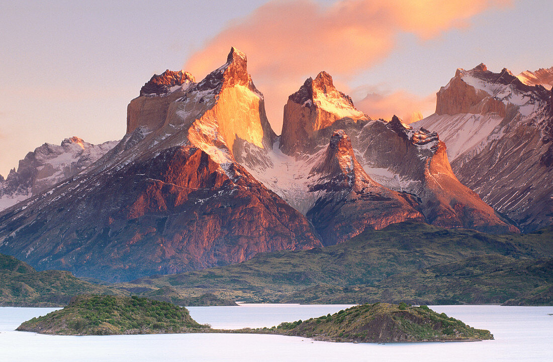 Cuernos del Paine and Pehoe Lake. Torres del Paine National Park. Patagonia. Chile