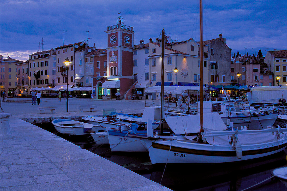 Rovinj, harbor and waterfront at night. Istria region, Croatia.