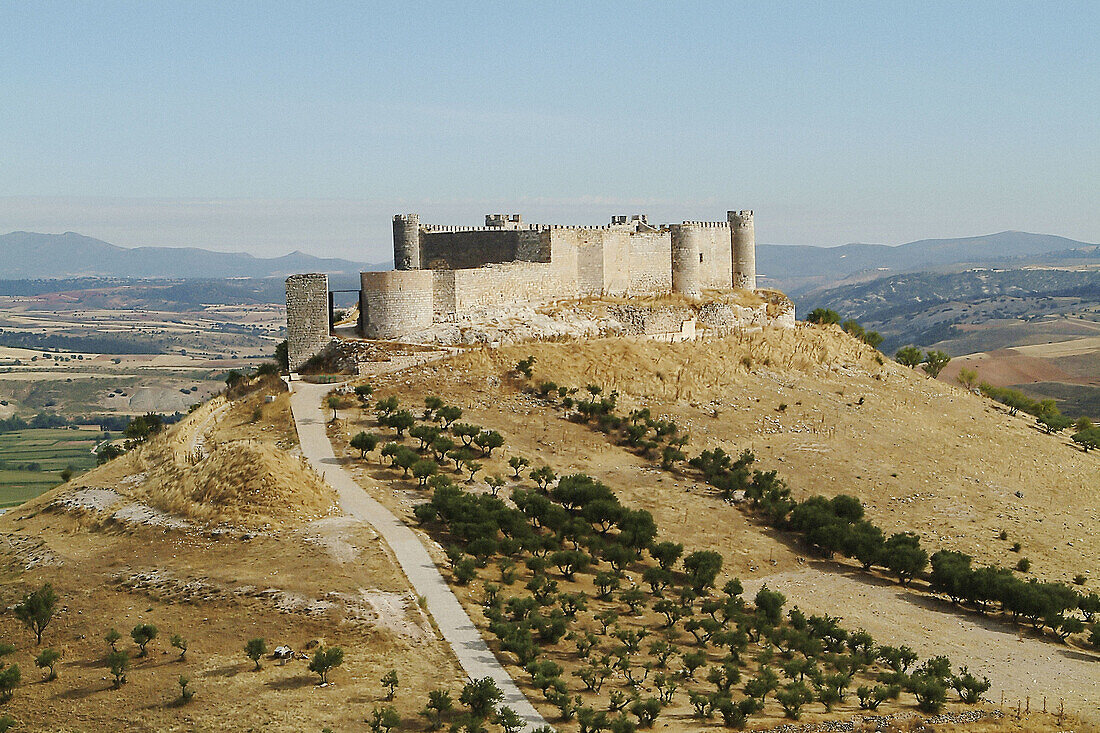 Medieval castle (known as Castle of El Cid ) and dry farming fields. Jadraque. Guadalajara province, Spain