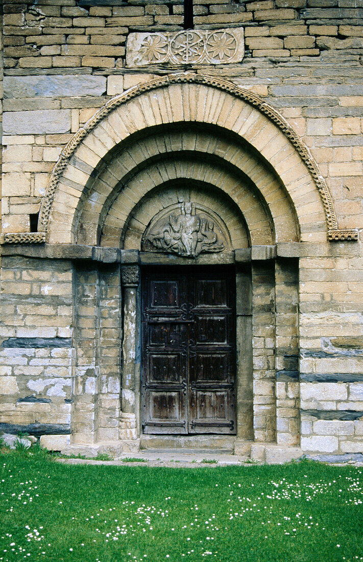 Portico in the Church of San Felipe in Vall d Aran. Lleida province. Catalonia. Spain