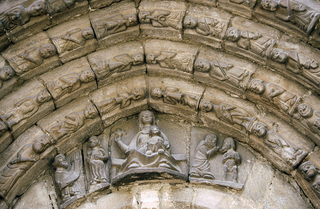 Portico of the Church San Esteve in Betren. Lleida province. Catalonia. Spain