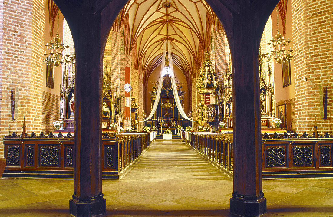 Interior of Gothic collegiate church built 14th century. Dobre Miasto. Poland