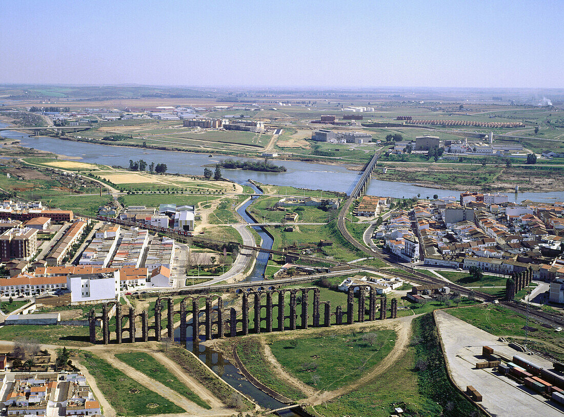 Aerial view of merida and the aqueduct. Badajoz province. Extremadura. Spain