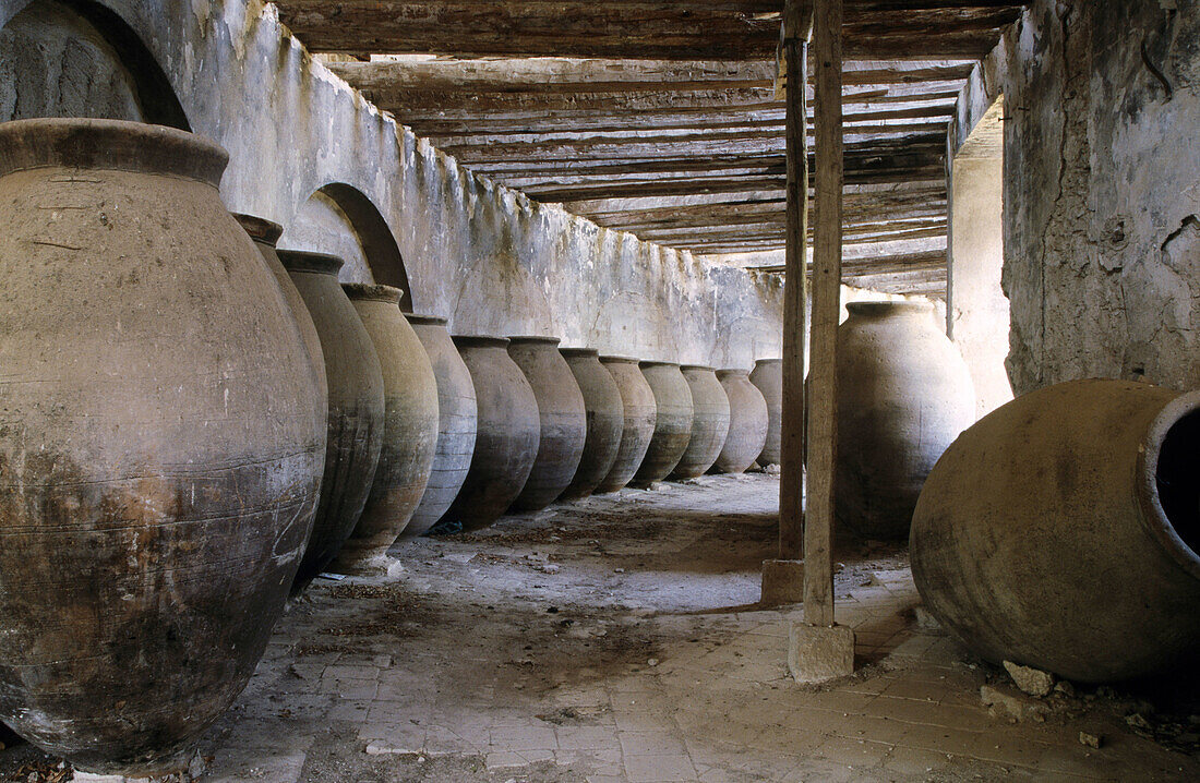 Jars in the interior of the Real Fábrica de Paños de Carlos III. Brihuega. Guadalajara province. Spain