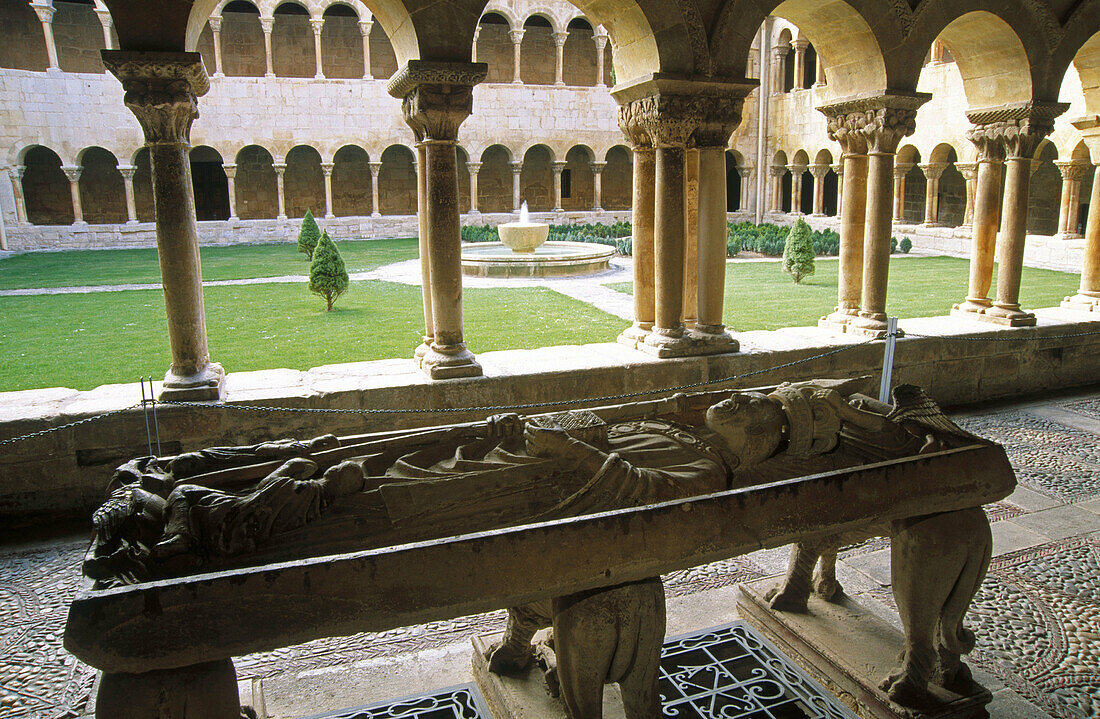 Romanesque style cloister and Santo Domingo de Silos sepulchre. Benedictine Monastery of Santo Domingo de Silos. Burgos province. Spain.