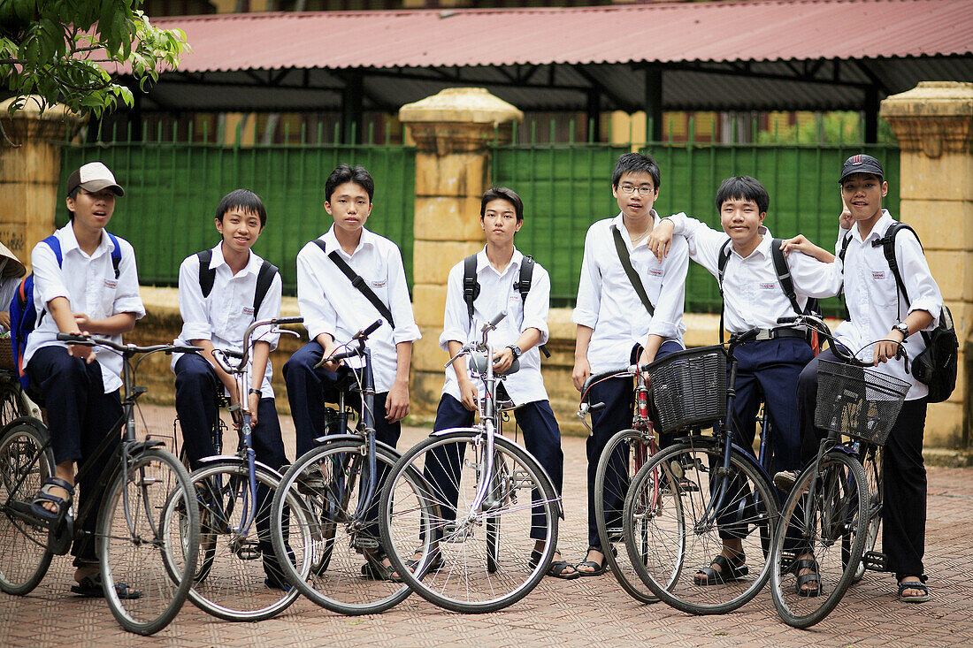 Portrait of teen boys in front of school. The Old Quarter, Hanoi, Vietnam, Indochina, Southeast Asia, Asia 2006