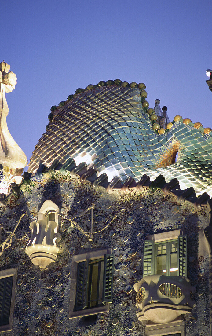 Detail of facade of Batllo House (1904-1906), by Gaudi. Barcelona. Spain