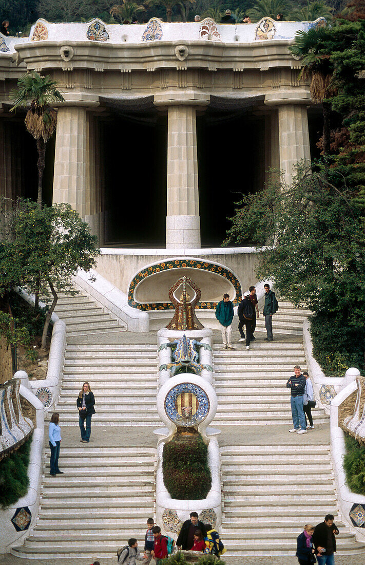 Entrance stairs to Park Güell, by Gaudi. Barcelona. Spain