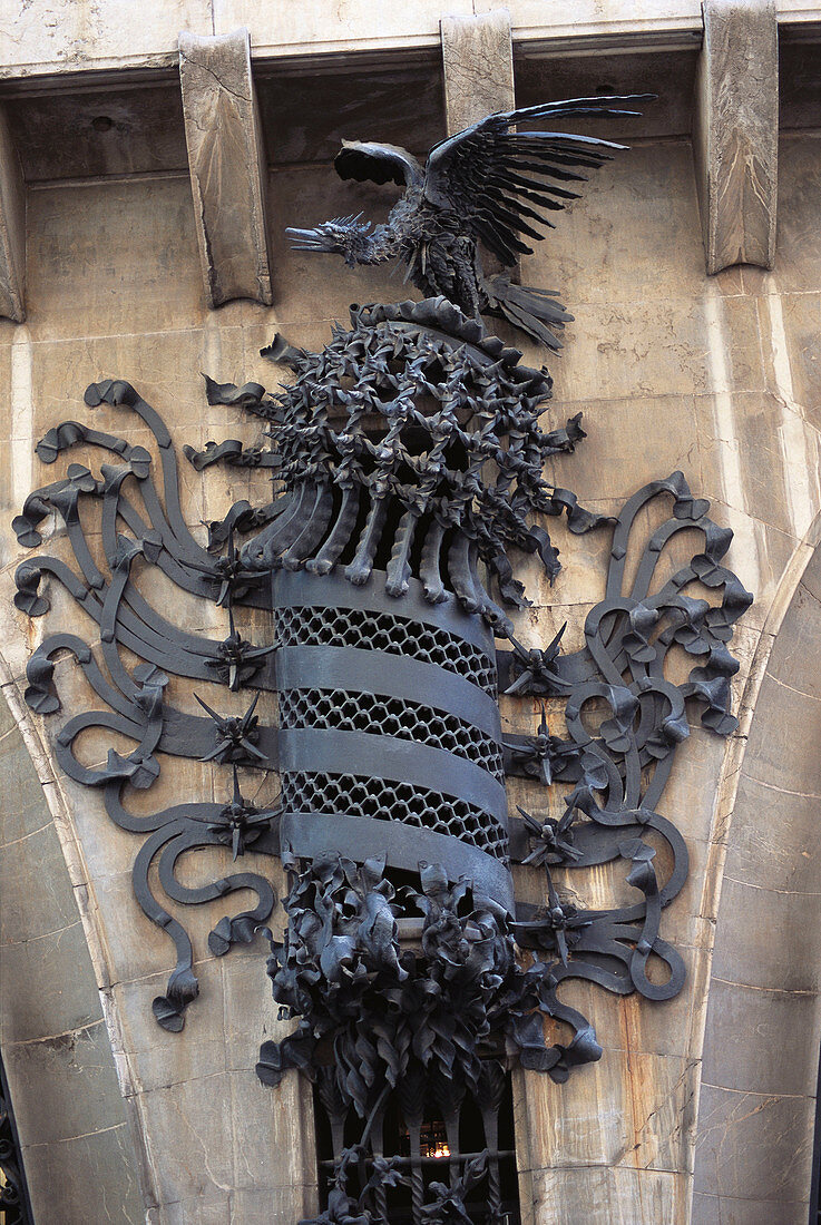 Decorative element at the facade of Palau Güell (1886-1888), by Gaudi. Barcelona. Spain