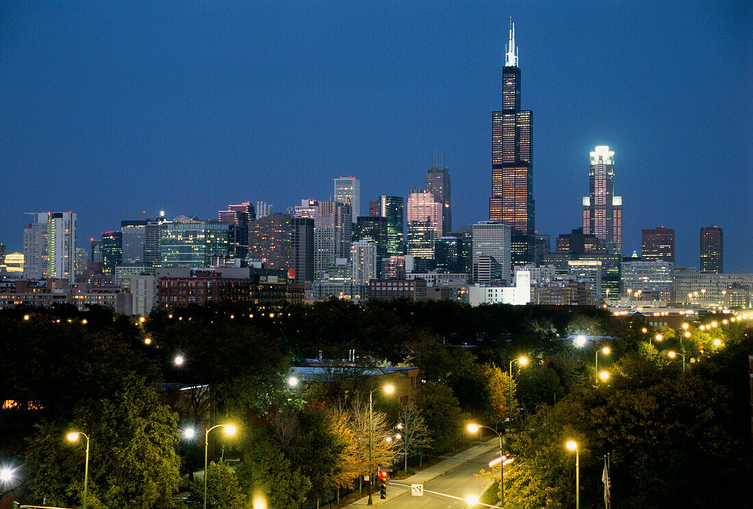 Skyline of Chicago before sunrise, Chicago, Illinois, USA