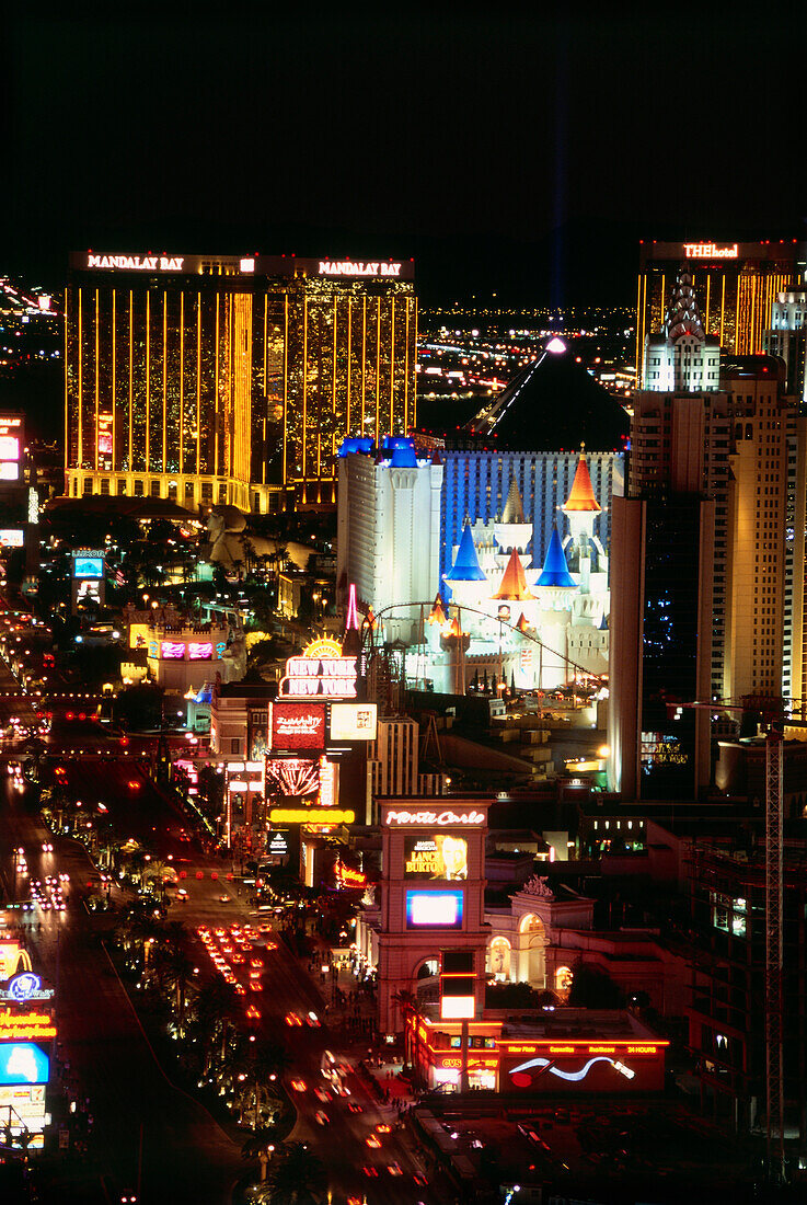 View over The Strip at night, Las Vegas, Nevada, USA, America