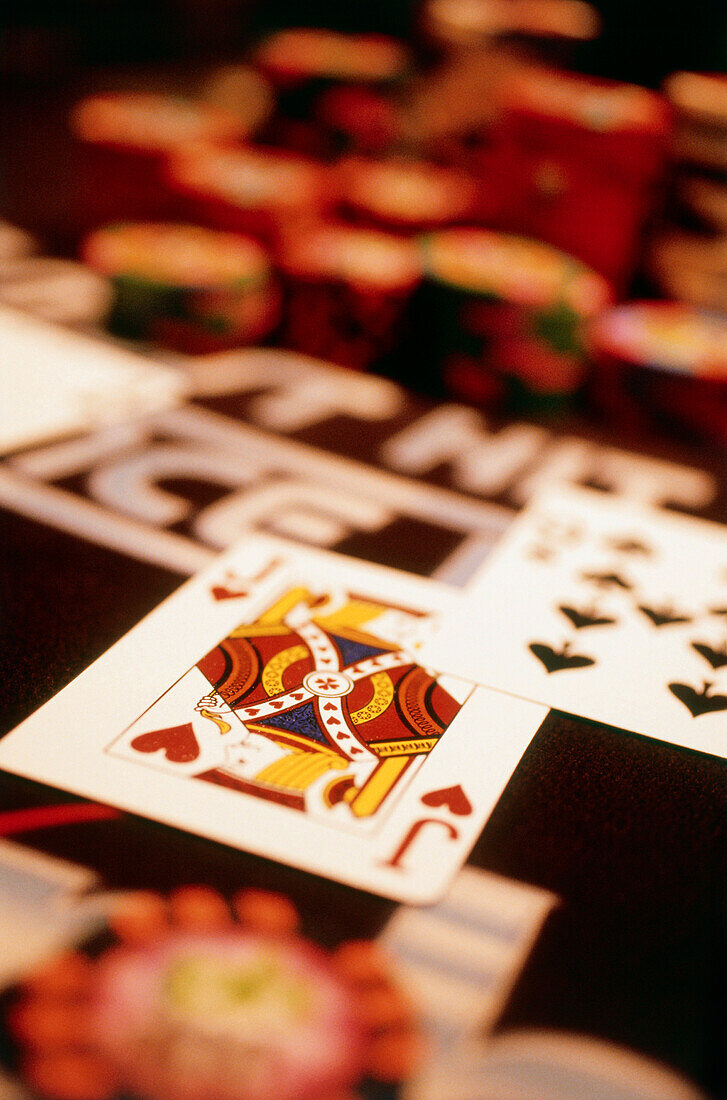 Cards on gambling table in Casino Planet Hollywood, Las Vegas, Nevada, USA, America