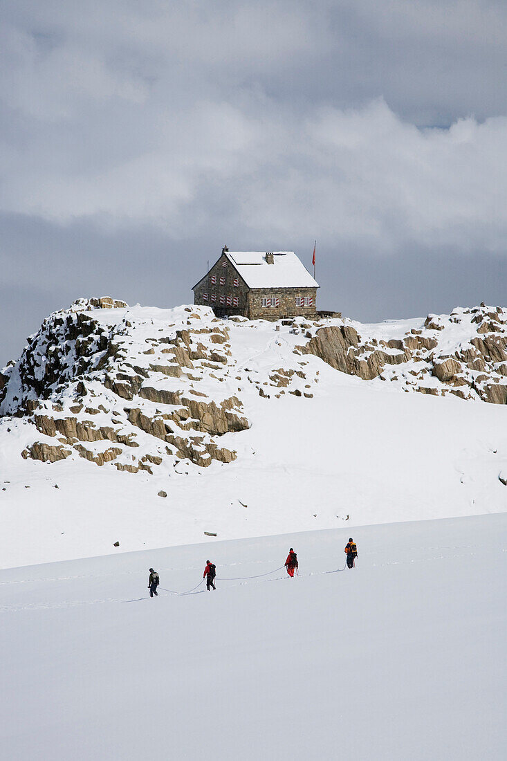 Group of mountaineers hiking over a glacier, Bernese Oberland, Canton of Bern, Switzerland