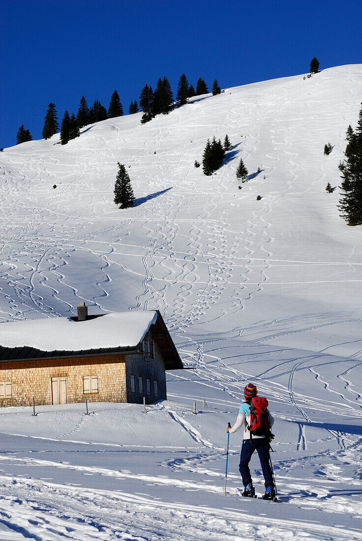 Junge Frau im Aufstieg zum Schönkahler bei der Schönkahlerhütte (Pfrontner Alpe), Allgäuer Alpen, Allgäu, Schwaben, Bayern, Deutschland