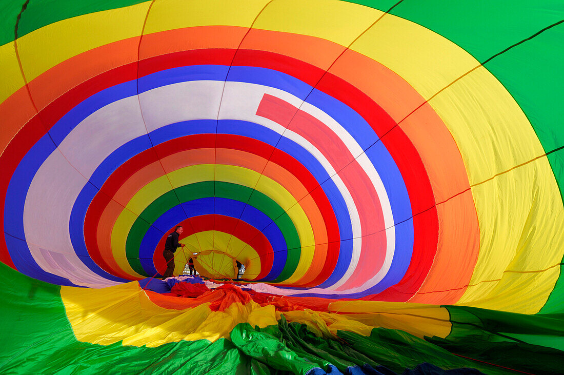 Preparations for take-off of hot-air balloon, Bad Wiessee at lake Tegernsee, Bavaria, Germany