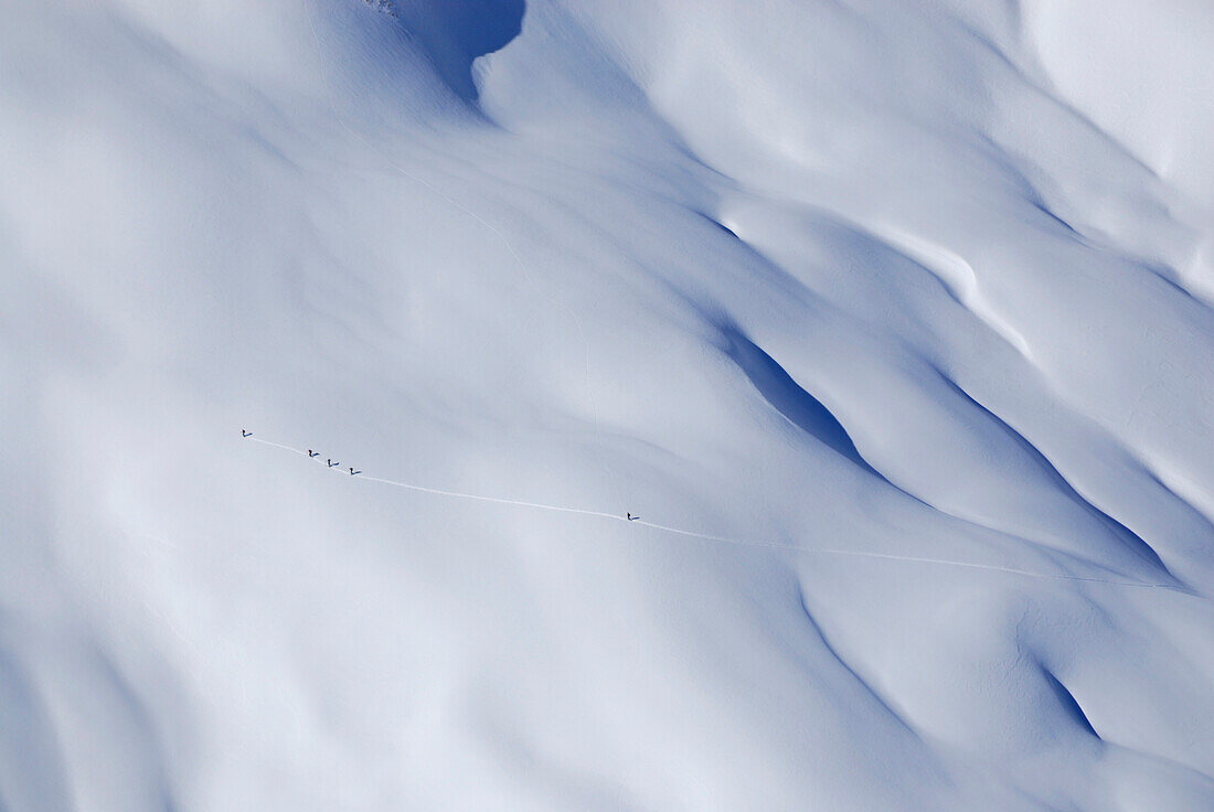 Skitourengruppe unterwegs durch Schneelandschaft, Allgäuer Alpen, Bayern, Deutschland