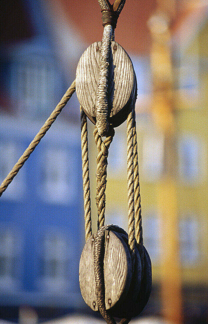 Pulley on boat at harbor. Copenhagen. Denmark