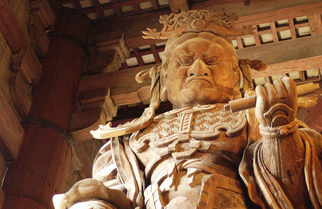 Great wooden statue of a Ganjin high priest at Todai Ji temple. Nara. Japan