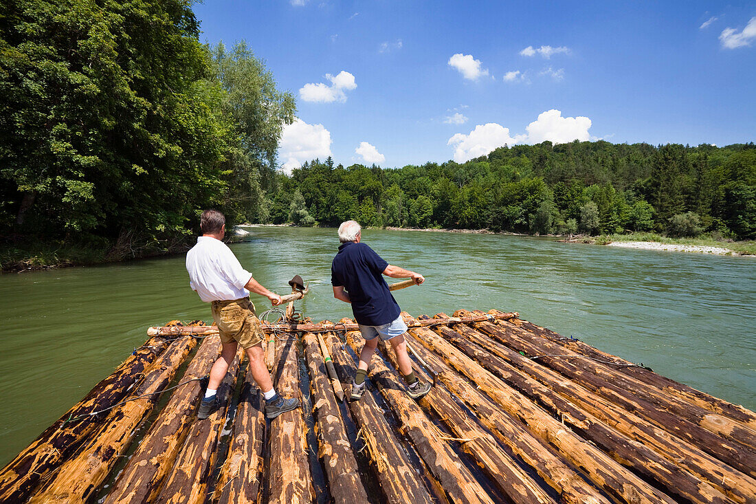 Raftsmen rafting on river Isar, Loisach, Upper Bavaria, Bavaria, Germany