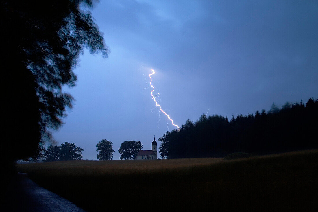 Thunderstorm over chapel, Upper Bavaria, Bavaria, Germany
