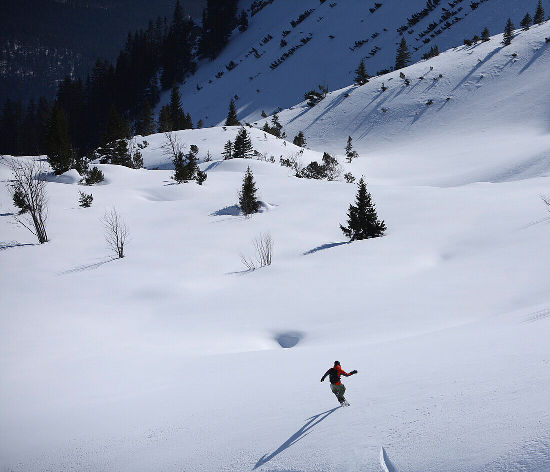 Junger Mann fährt Snowboard, Reutte, Tirol, Österreich
