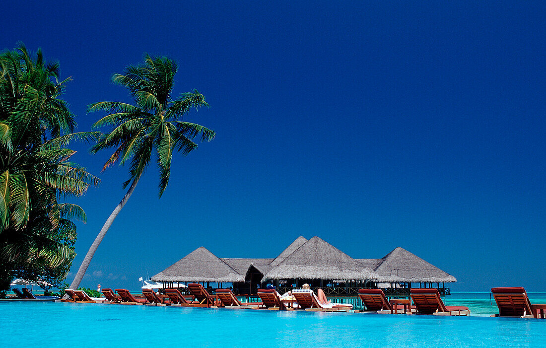 Pool and Beachbar on Maldivian Island, Maldives, Indian Ocean, Medhufushi, Meemu Atoll