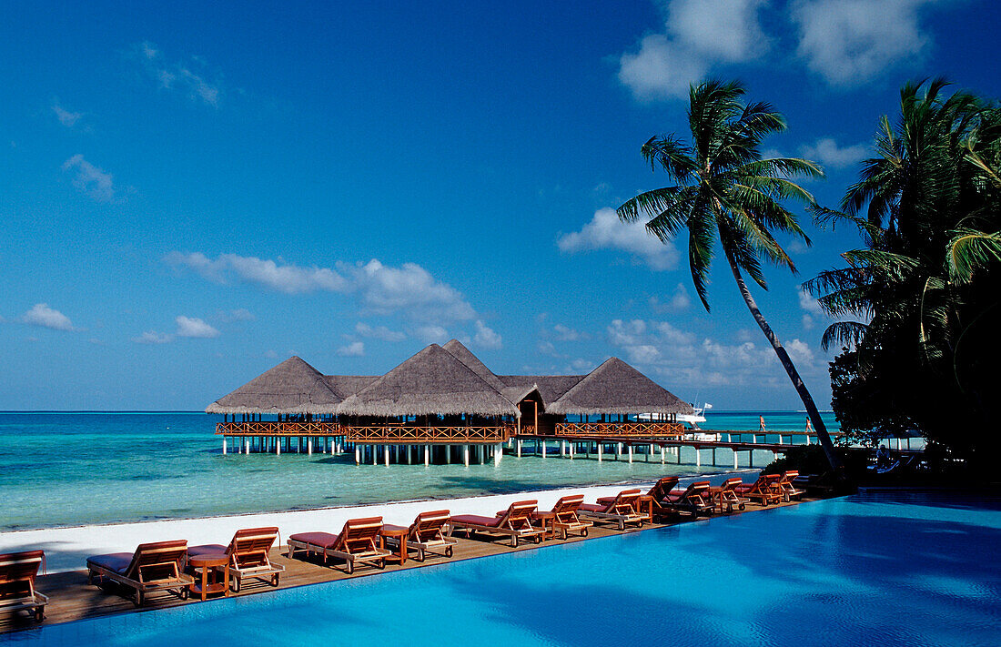 Pool and Beachbar on Maldivian Island, Maldives, Indian Ocean, Medhufushi, Meemu Atoll