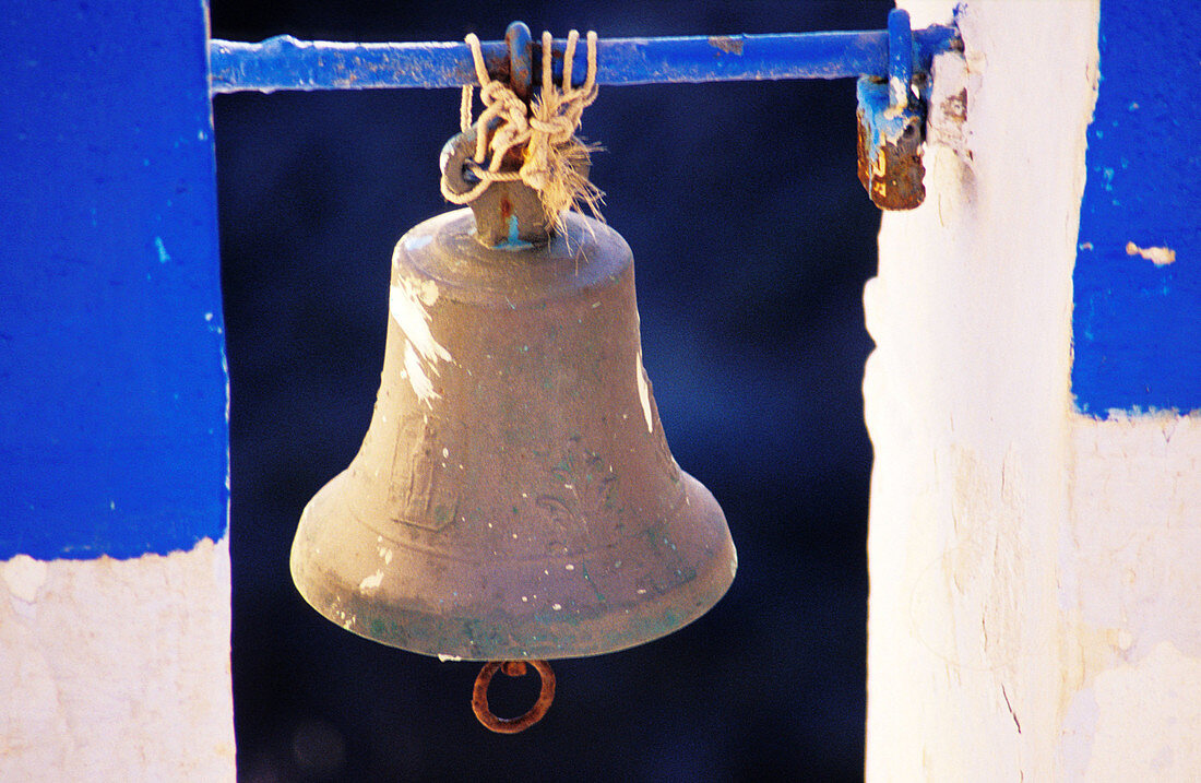 Bell at belfry of church. Thíra village, Santorini Island. Greece