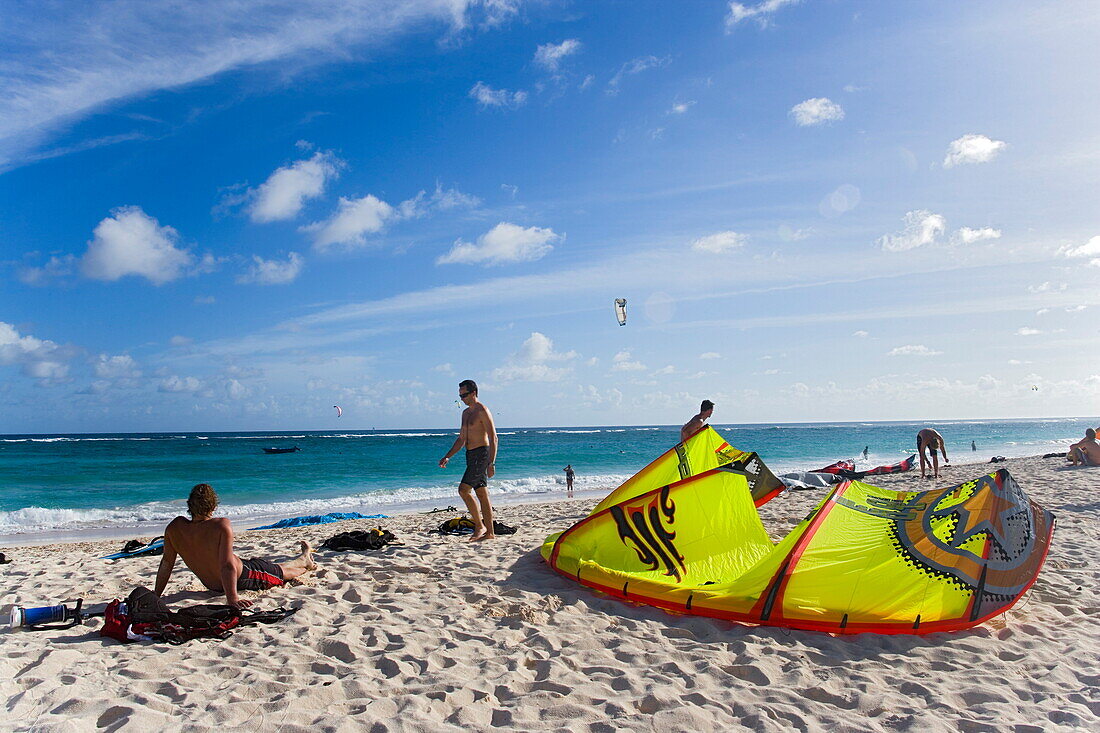 Kite surfers at beach, Barbados, Caribbean