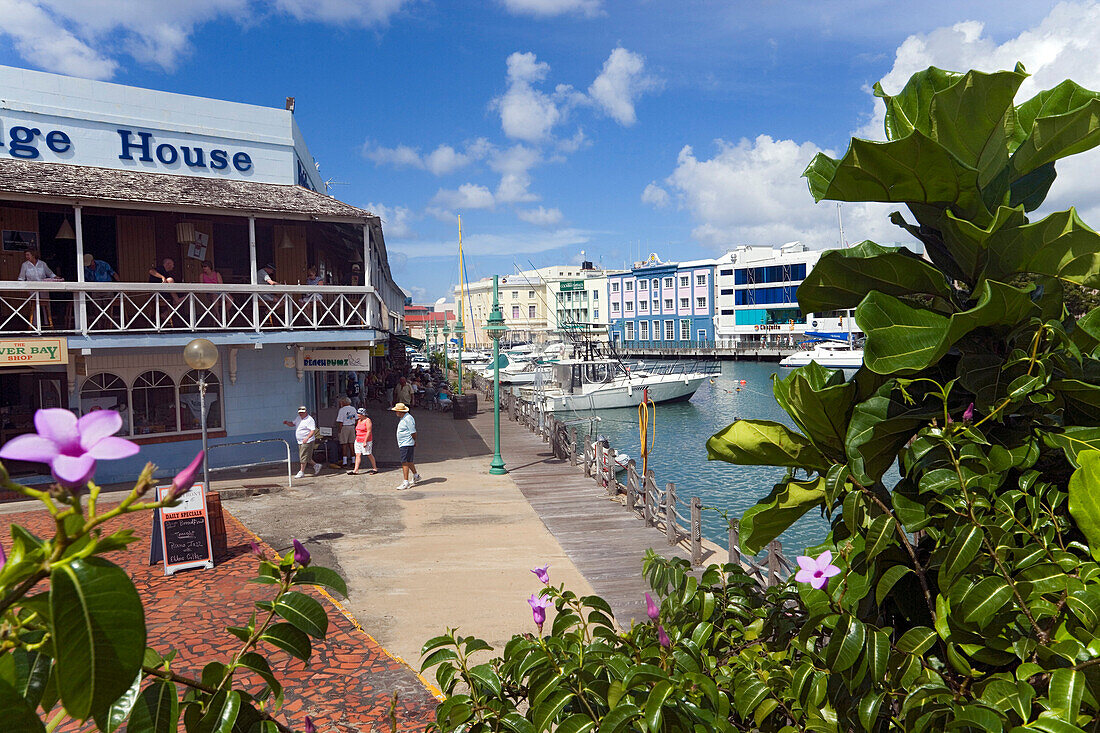 People passing a waterfront cafe, Bridgetown, Barbados, Caribbean