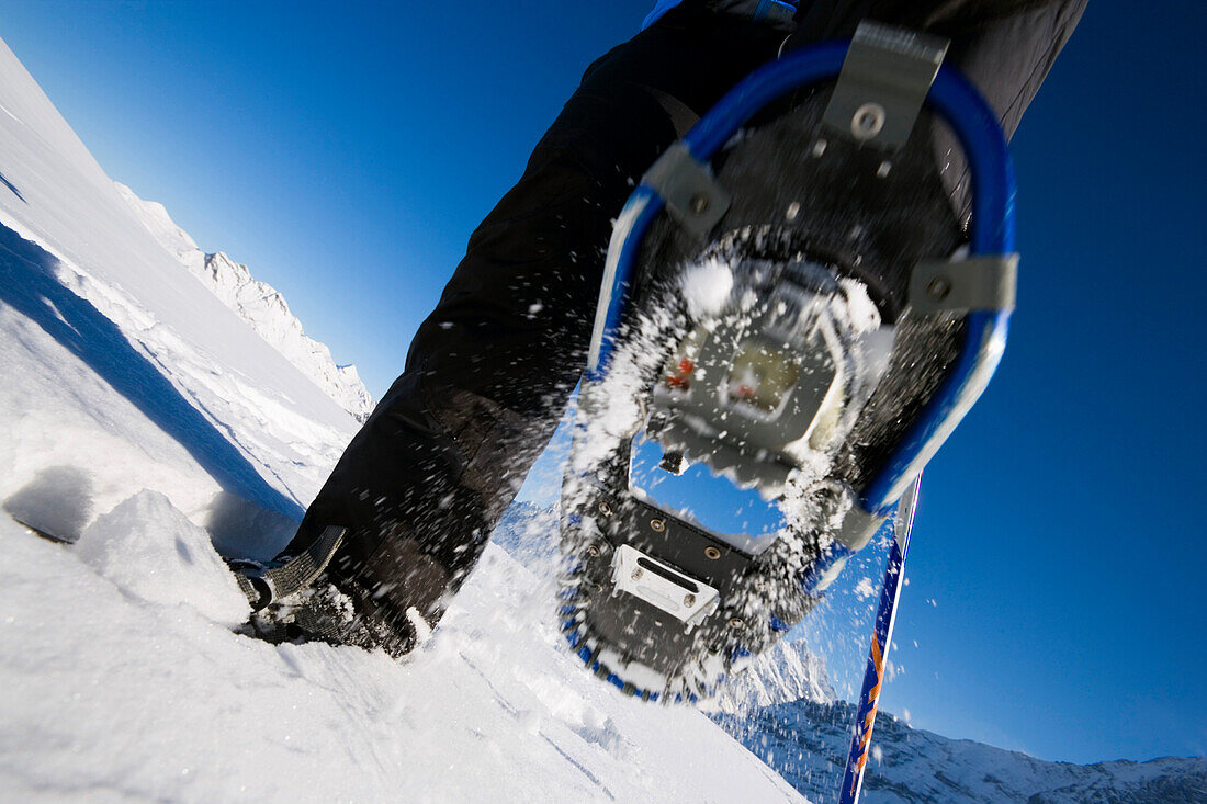 Nahaufnahme von einem Schneeschuh, Männlichen, Grindelwald, Berner Oberland, Kanton Bern, Schweiz