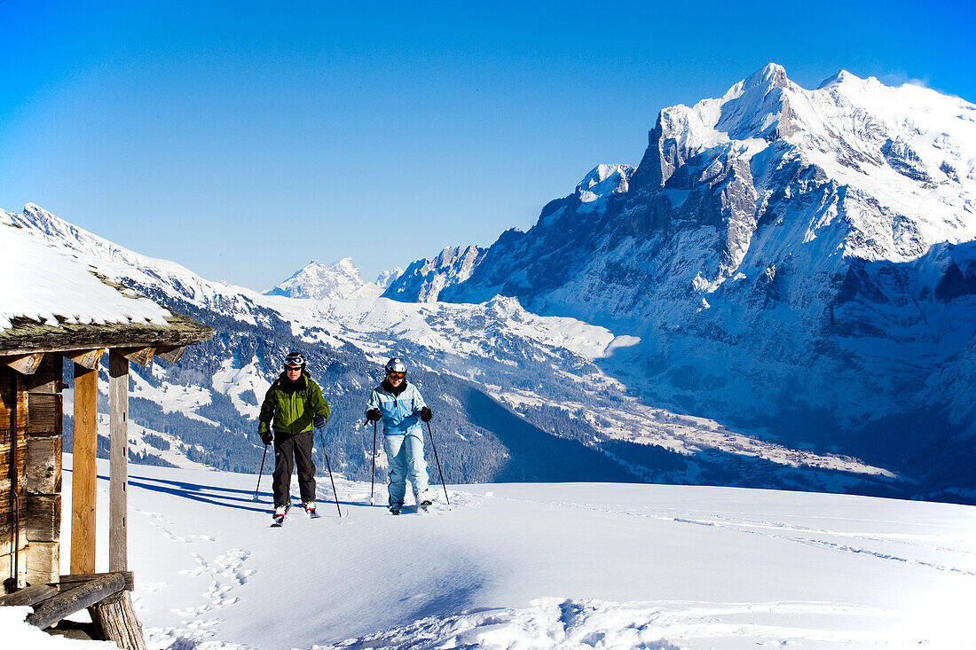 Back country skiers near an alpine hut, Maennlichen, Grindelwald, Bernese Oberland, Canton of Bern, Switzerland