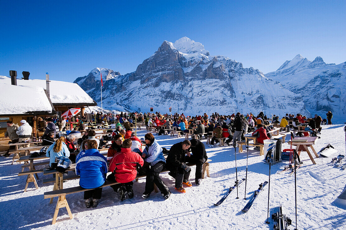 Skifahrer pausieren am Bergrestaurant Schreckfeld, First, Grindelwald, Berner Oberland, Kanton Bern, Schweiz